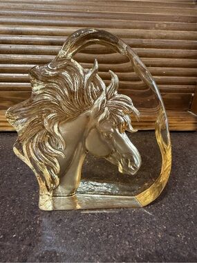 Vintage Art Glass Horse Head Paperweight Clear Crystal Equestrian Decor